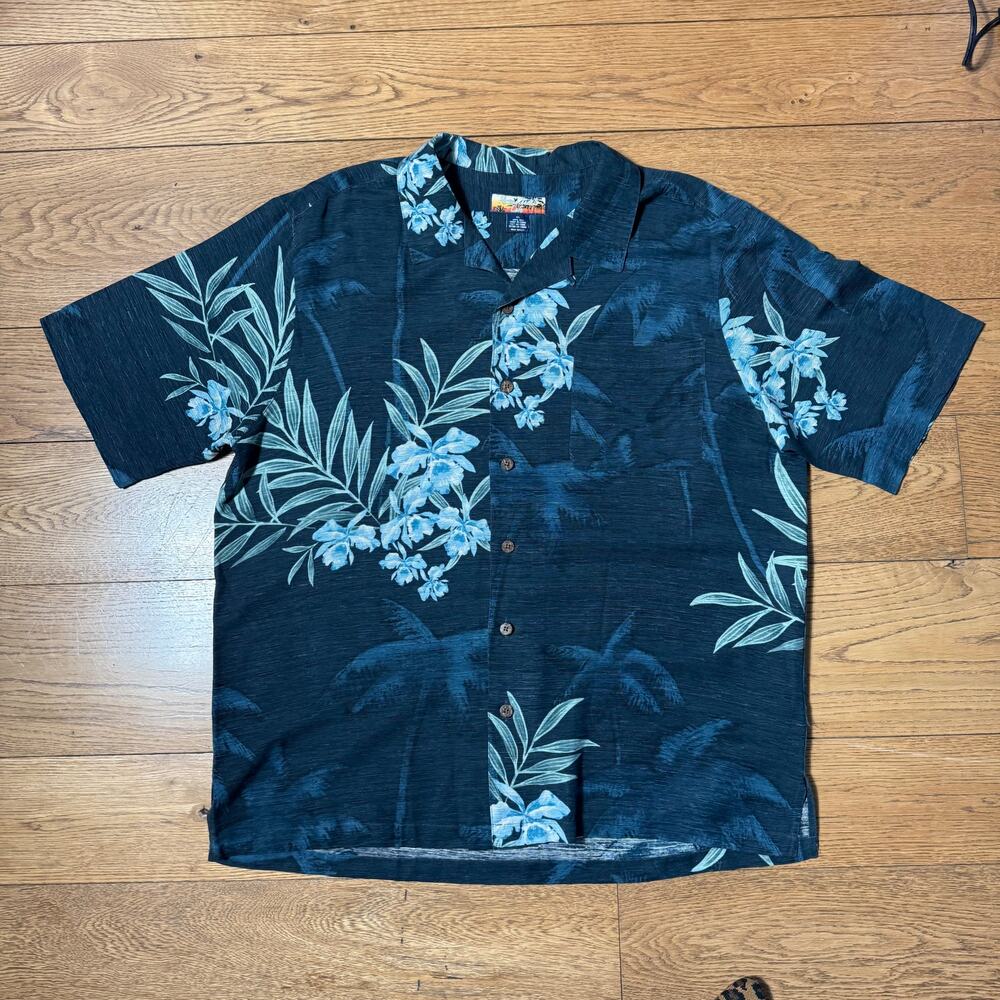 Havana Jack's Cafe 100% Silk Shirt XL Blue Hawaiian Print Tropical Beach Casual